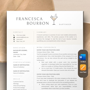 Plantilla de currículum de barman en Word, Plantilla de currículum de hotelería en Mac, Plantilla de currículum de restaurante, Mixólogo, Currículum de camarera, Barman
