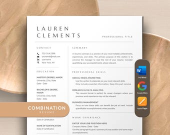 Combination Resume Template Word, Google Docs, Apple Pages Mac | Functional Resume, Skills Based Resume, Skills Resume, Hybrid Resume