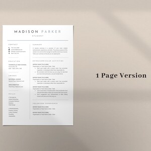Puede incluir: Una plantilla de curr&iacute;culum en blanco y negro con el nombre Madison Parker en la parte superior. El curr&iacute;culum incluye secciones para informaci&oacute;n de contacto, educaci&oacute;n, actividades extracurriculares, habilidades y experiencia de voluntariado. El texto "1 Page Version" est&aacute; en la parte inferior de la p&aacute;gina.