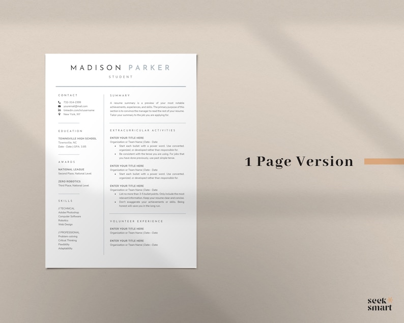 Puede incluir: Una plantilla de curr&iacute;culum en blanco y negro con el nombre Madison Parker en la parte superior. El curr&iacute;culum incluye secciones para informaci&oacute;n de contacto, educaci&oacute;n, actividades extracurriculares, habilidades y experiencia de voluntariado. El texto "1 Page Version" est&aacute; en la parte inferior de la p&aacute;gina.