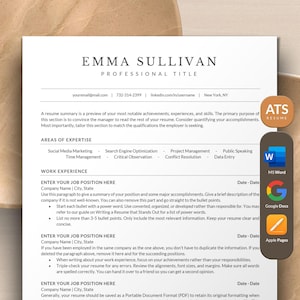 Może przedstawiać: Czarno-biały szablon CV z nazwą Emma Sullivan na górze. Szablon zawiera sekcje dotyczące obszarów specjalizacji, doświadczenia zawodowego i podsumowanie umiejętności i doświadczenia kandydata. Szablon zawiera również ikony dla Microsoft Word, Google Docs i Apple Pages.