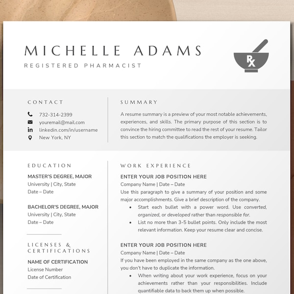 Pharmacist Resume Template, Medical Resume Template Word, Google Docs, Apple Pages, Pharmacy Resume, Pharmacist CV Template Pharmacy Student