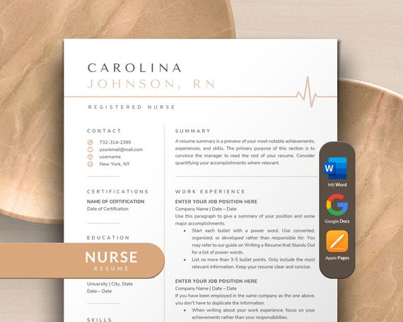 Nurse Resume Template Word, Resume Google Docs, Apple Pages Resume | Nursing Resume, LPN Resume, RN Resume, Medical Resume, CV Template