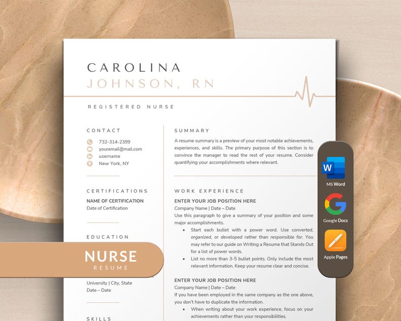Nurse Resume Template Word, Resume Google Docs, Apple Pages Resume | Nursing Resume, LPN Resume, RN Resume, Medical Resume, CV Template image 1