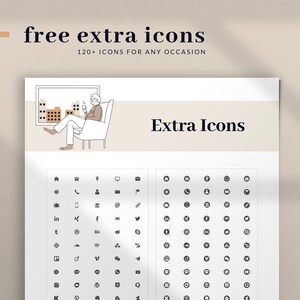 May include: A black and white graphic with over 120 icons for social media, technology, and other common symbols. The text "free extra icons" and "120+ icons for any occasion" is at the top of the graphic. The text "Extra Icons" is in the center of the graphic.