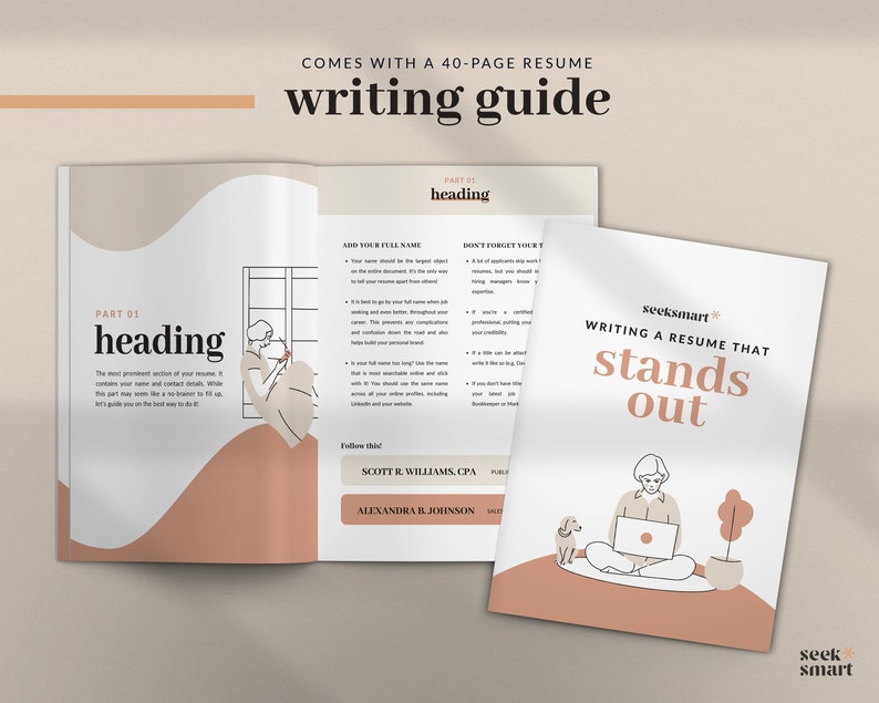 May include: A guide to writing a resume, with a person sitting on a peach-colored surface, working on a laptop with a dog beside them. The text "Writing a resume that stands out" is on the page. The guide comes with a 40-page resume writing guide.
