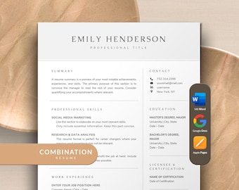 Combination Resume Template Word, Google Docs, Apple Pages Mac | Skills Based Resume for Career Change, Skills Resume | Hybrid Functional