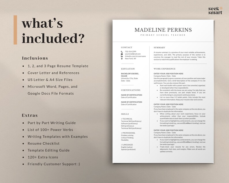 May include: A beige and white resume template with the text "what's included?" and a list of items included in the template. The template is for a primary school teacher named Madeline Perkins.