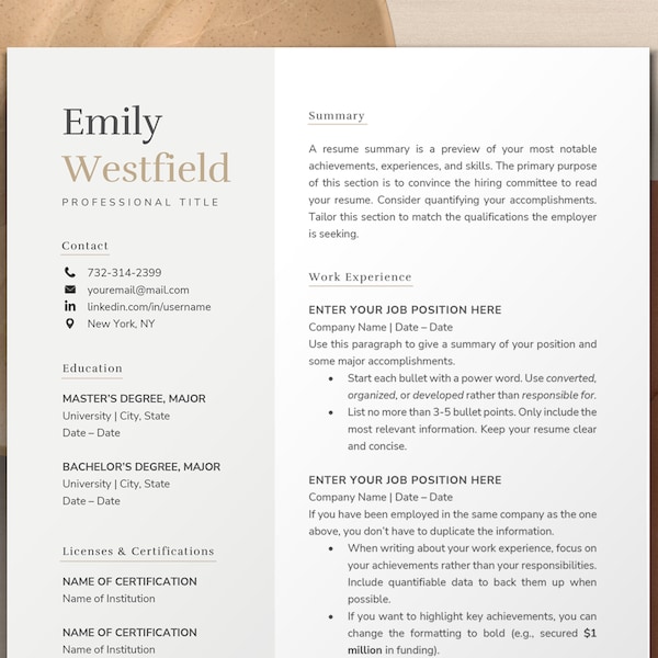 Creative Resume Template Word, Apple Pages Mac | Modern Resume for Hospitality, Sales, Sorority, Restaurant, Bartender | Professional Resume