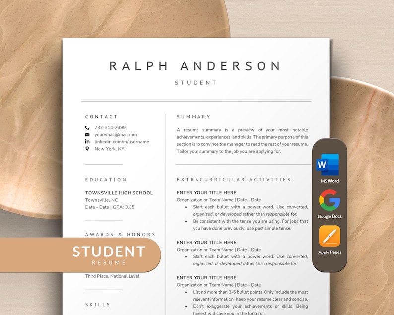 May include: A student resume template with a modern design. The template includes sections for contact information, education, extracurricular activities, awards and honors, and skills. The template also includes a section for a student resume summary.