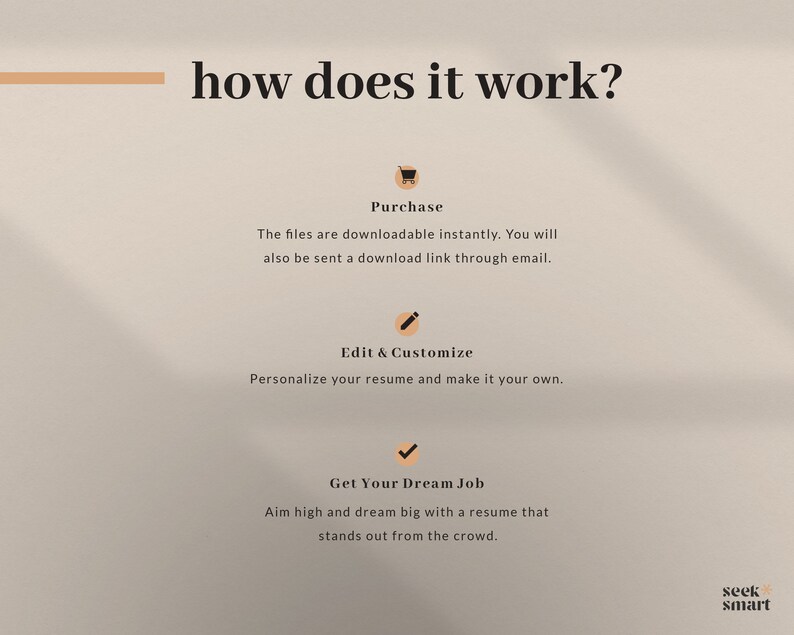 Puede incluir: C&oacute;mo funciona? Un gr&aacute;fico con tres pasos: Compra, Editar y personalizar, y Consigue tu trabajo ideal. El gr&aacute;fico incluye iconos para cada paso: un carrito de compras, un l&aacute;piz y una marca de verificaci&oacute;n.