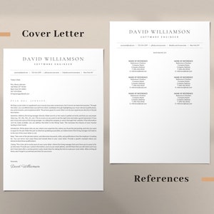 May include: A black and white cover letter and references page for a job application. The cover letter is addressed to "Dear Mr. Johnson" and the references page lists the name, position, company, phone number, and email address of each reference.