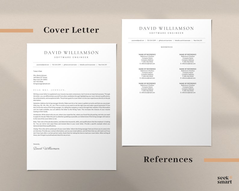 May include: A black and white cover letter and references page for a job application. The cover letter is addressed to "Dear Mr. Johnson" and the references page lists the name, position, company, phone number, and email address of each reference.