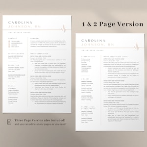 May include: A beige and brown resume template with a heart rate line graphic. The template is for a registered nurse and includes sections for contact information, certifications, education, skills, work experience, awards, and professional development. The text "1 & 2 Page Version" is at the top of the page.