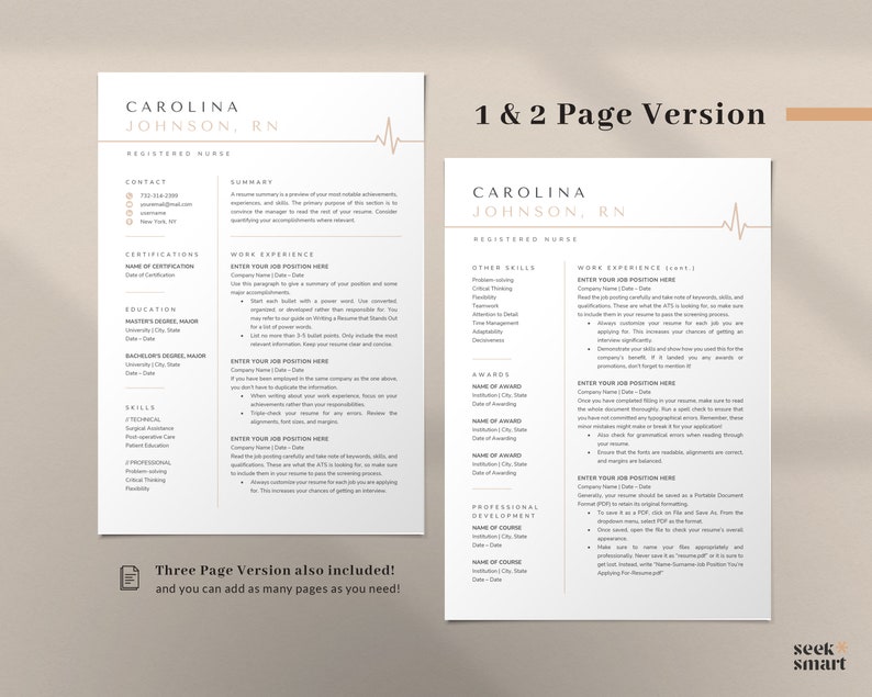 May include: A beige and brown resume template with a heart rate line graphic. The template is for a registered nurse and includes sections for contact information, certifications, education, skills, work experience, awards, and professional development. The text "1 & 2 Page Version" is at the top of the page.