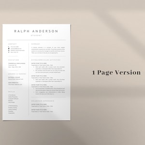 May include: A black and white resume template with the name Ralph Anderson and the title "Student". The resume includes sections for contact information, education, extracurricular activities, awards and honors, skills, volunteer experience, and a summary.