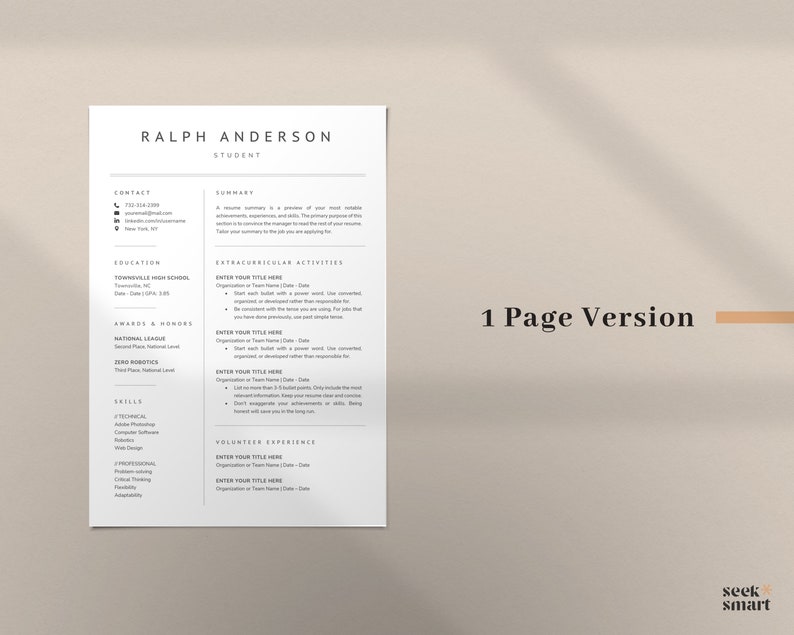 May include: A black and white resume template with the name Ralph Anderson and the title "Student". The resume includes sections for contact information, education, extracurricular activities, awards and honors, skills, volunteer experience, and a summary.
