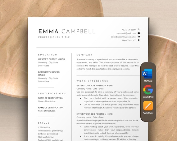 Modern Resume Template Google Docs, Word, Apple Pages Mac | CV Template, Professional Resume Cover Letter, Minimalist Clean Resume 1 Page CV