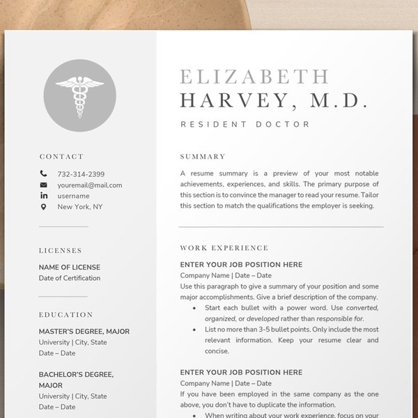 Doctor Resume Template Word, Apple Pages Mac | Medical Resume Template CV Template for Physician, Doctors | Resume for Doctors, Nurse Resume