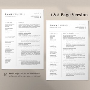 K&ouml;nnte beinhalten: Eine zweiseitige Lebenslaufvorlage mit minimalistischem Design. Die Vorlage enth&auml;lt Abschnitte f&uuml;r Ausbildung, Berufserfahrung, F&auml;higkeiten, Auszeichnungen und berufliche Entwicklung. Der Text "1 & 2 Page Version" befindet sich oben auf der Seite.