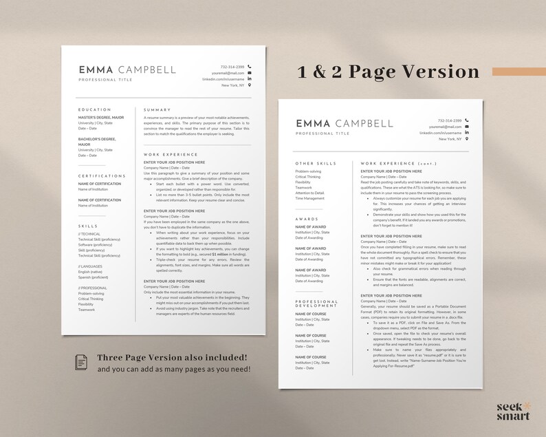 K&ouml;nnte beinhalten: Eine zweiseitige Lebenslaufvorlage mit minimalistischem Design. Die Vorlage enth&auml;lt Abschnitte f&uuml;r Ausbildung, Berufserfahrung, F&auml;higkeiten, Auszeichnungen und berufliche Entwicklung. Der Text "1 & 2 Page Version" befindet sich oben auf der Seite.