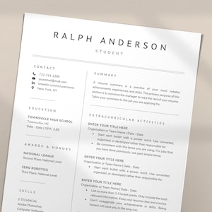 May include: A black and white resume template with the name Ralph Anderson and the title Student. The resume includes sections for contact information, education, awards and honors, skills, and extracurricular activities.