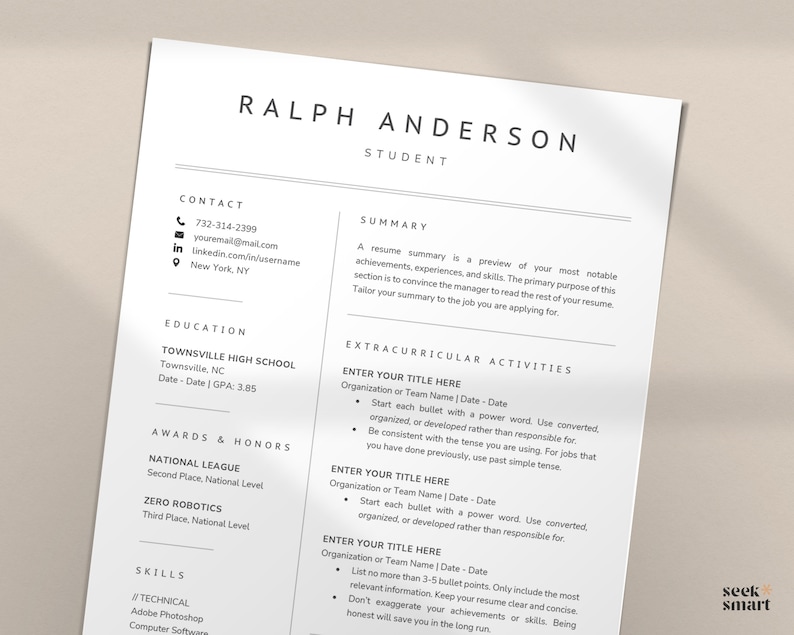 May include: A black and white resume template with the name Ralph Anderson and the title Student. The resume includes sections for contact information, education, awards and honors, skills, and extracurricular activities.