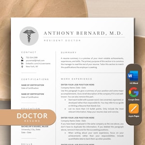 Medical Resume Template Doctor Resume Google Docs, Apple Pages, Word | Medical Assistant Resume, Pharmacist or Student Nurse CV Template