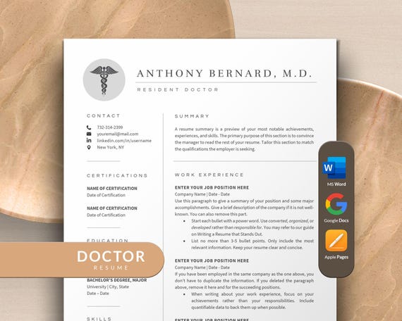Medical Resume Template Doctor Resume Google Docs, Apple Pages, Word | Medical Assistant Resume, Pharmacist or Student Nurse CV Template