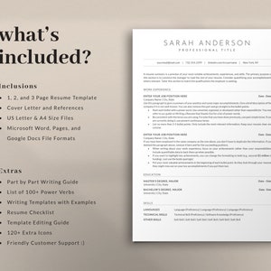 May include: A beige and white resume template with the text "what's included?" and a list of resume template features, including cover letter, references, and file formats. The template also includes a writing guide, power verbs, and extra icons.