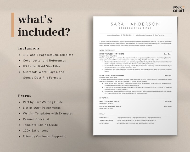 May include: A beige and white resume template with the text "what's included?" and a list of resume template features, including cover letter, references, and file formats. The template also includes a writing guide, power verbs, and extra icons.