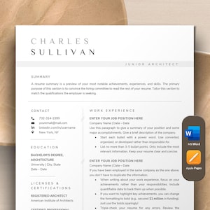 Plantilla de currículum de arquitectura en Word, Apple Pages Mac / Plantilla de currículum de estudiante de arquitectura, currículum de arquitecto, currículum limpio de 1 página y 2 páginas