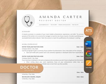 Plantilla de currículum de médico Word, Google Docs, Apple Pages / Currículum médico Plantilla de currículum de enfermera ATS compatible Currículum ATS Currículum de 1 página
