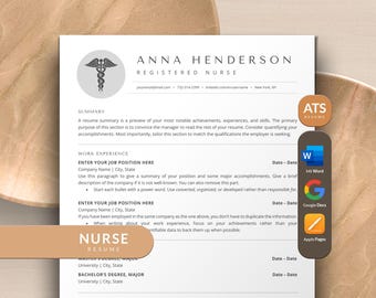 Nurse Resume Template Word, Google Docs, Apple Pages | Nurse Resume ATS New Grad Student, Nursing RN Resume, Medical Resume ATS Friendly