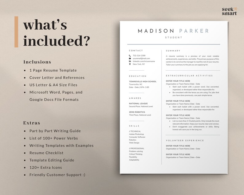 Puede incluir: Una plantilla de curr&iacute;culum con un dise&ntilde;o moderno. La plantilla incluye una carta de presentaci&oacute;n, referencias y est&aacute; disponible en tama&ntilde;os US Letter y A4. La plantilla es compatible con Microsoft Word, Pages y Google Docs. La plantilla tambi&eacute;n incluye una gu&iacute;a de escritura paso a paso, una lista de m&aacute;s de 100 verbos de acci&oacute;n, plantillas de escritura con ejemplos, una lista de verificaci&oacute;n de curr&iacute;culums, una gu&iacute;a de edici&oacute;n de plantillas, m&aacute;s de 120 iconos adicionales y una atenci&oacute;n al cliente amigable.