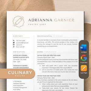 Pastry Chef Resume Template, Baker Resume Template, Pâtissière Resume, Chef Resume CV Template Word, Google Docs, Apple Pages Mac, Bakery CV