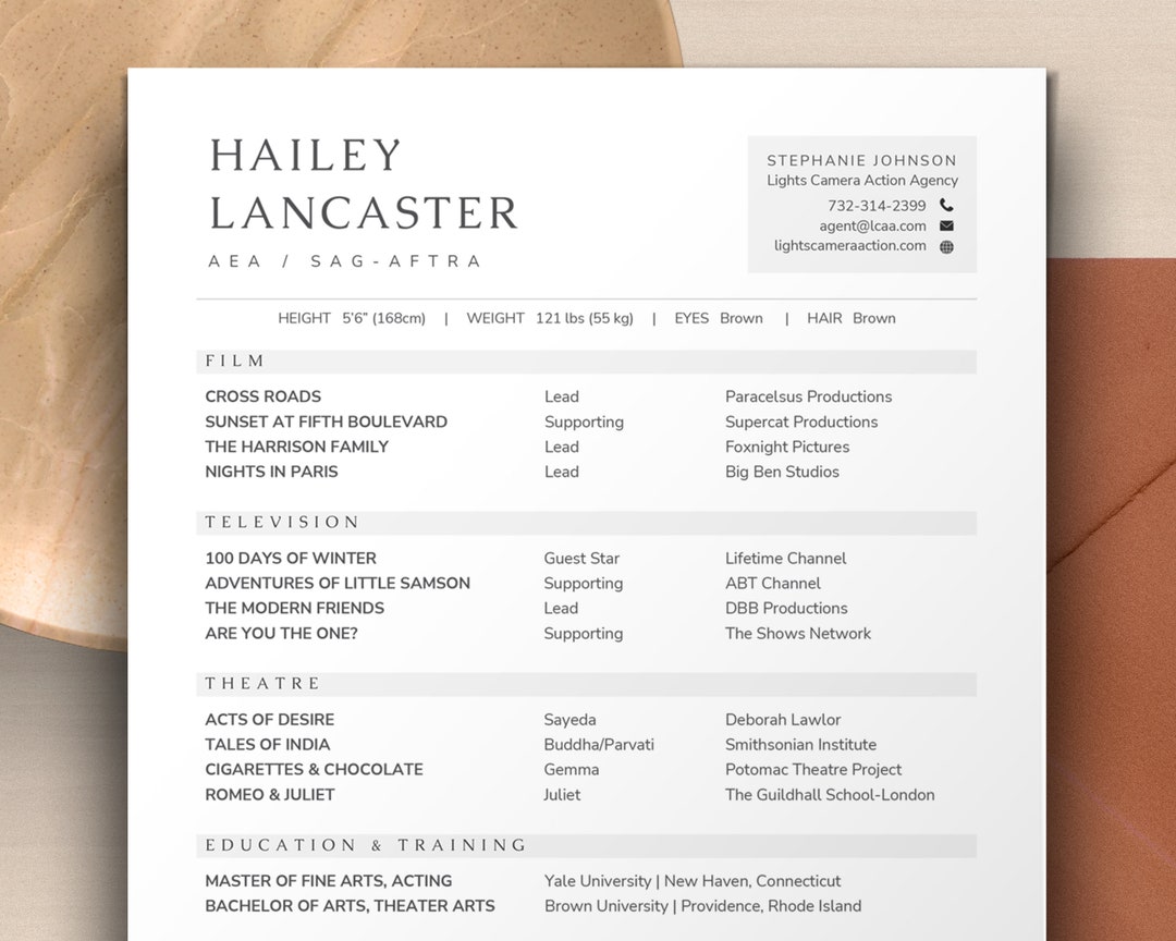 Actor Resume Template With Headshot and Cover Letter 8x10 Size, Theatre ...