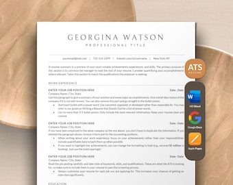 ATS-vriendelijke CV-sjabloon Word, Google Docs, Apple Pages | Sjabloon ATS-cv voor professionals en managers | Schone cv 1 2 3 pagina's