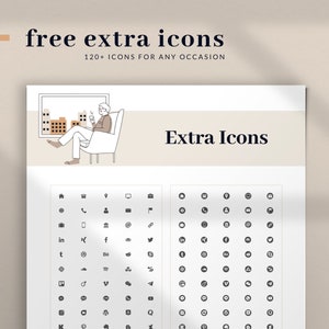 Puede incluir: Un gr&aacute;fico en blanco y negro con m&aacute;s de 120 iconos para redes sociales, tecnolog&iacute;a y otros s&iacute;mbolos comunes. El texto "free extra icons" y "120+ icons for any occasion" est&aacute; en la parte superior del gr&aacute;fico. El texto "Extra Icons" est&aacute; en el centro del gr&aacute;fico.