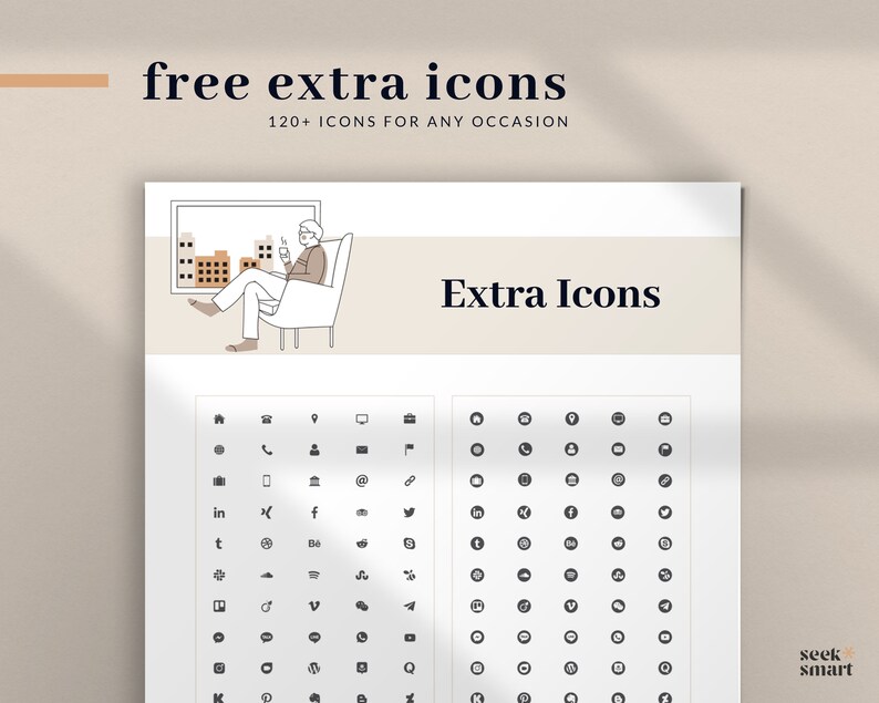 Puede incluir: Un gr&aacute;fico en blanco y negro con m&aacute;s de 120 iconos para redes sociales, tecnolog&iacute;a y otros s&iacute;mbolos comunes. El texto "free extra icons" y "120+ icons for any occasion" est&aacute; en la parte superior del gr&aacute;fico. El texto "Extra Icons" est&aacute; en el centro del gr&aacute;fico.