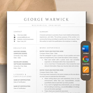 Engineer Resume Template Word, Google Docs, Apple Pages Mac | Software Engineer Resume CV Template, Engineering Resume, Mechanical Engineer