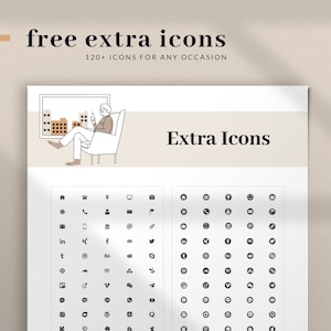 May include: A black and white graphic with over 120 icons for social media, technology, and other common symbols. The text "free extra icons" and "120+ icons for any occasion" is at the top of the graphic. The text "Extra Icons" is in the center of the graphic. The graphic also includes a small illustration of a person sitting in a chair and looking at a phone.