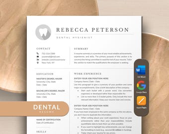 Dental Resume Template Word, Google Docs, Apple Pages Mac for Dental Hygienist, Dental Assistant, Dental Nurse | Dentist Resume Template CV