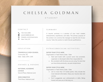 Student Resume Template Google Docs for Internship, No Experience, First Job, Grad School, High School Student, and College Student