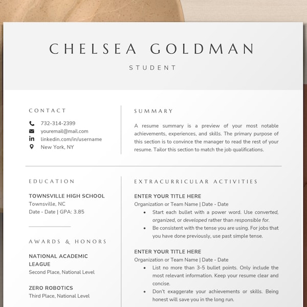 Student Resume Template Google Docs for Internship, No Experience, First Job, Grad School, High School Student, and College Student