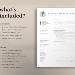 Puede incluir: Una plantilla de curr&iacute;culum en blanco y negro con el texto "what's included?" en la parte superior. La plantilla incluye secciones para informaci&oacute;n de contacto, certificaciones, educaci&oacute;n, experiencia laboral y habilidades. La plantilla tambi&eacute;n incluye una lista de inclusiones y extras, como una carta de presentaci&oacute;n, referencias y plantillas de escritura.