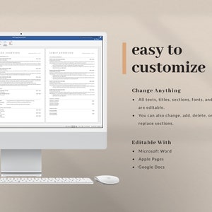 May include: A computer screen displaying a resume template with the text "SARAH ANDERSON" at the top. The text "easy to customize" is displayed on the right side of the image. The text "Change Anything" and "Editable With" are listed with bullet points below. The bullet points list features of the resume template, such as the ability to change text, titles, sections, fonts, and colors. The template is also editable with Microsoft Word, Apple Pages, and Google Docs.
