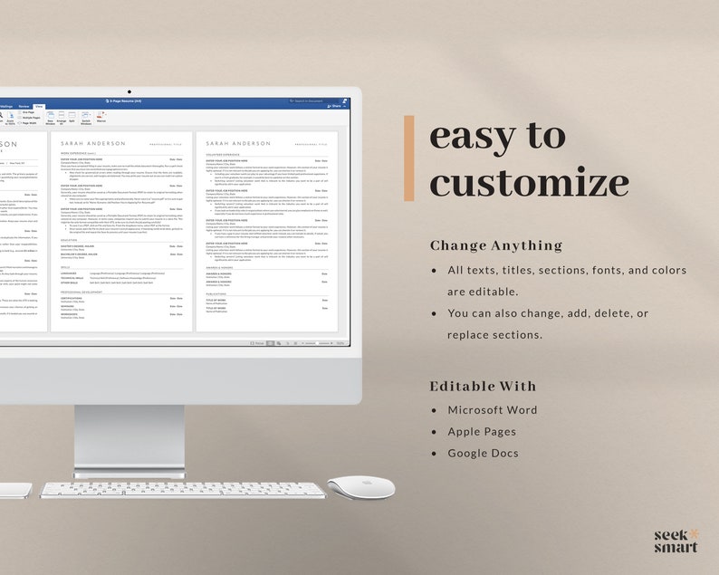 May include: A computer screen displaying a resume template with the text "SARAH ANDERSON" at the top. The text "easy to customize" is displayed on the right side of the image. The text "Change Anything" and "Editable With" are listed with bullet points below. The bullet points list features of the resume template, such as the ability to change text, titles, sections, fonts, and colors. The template is also editable with Microsoft Word, Apple Pages, and Google Docs.