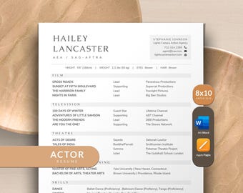 Actor Resume Template with Headshot and Cover Letter 8x10 Size, Theatre Resume Template Actress Resume Template Acting Resume Theater Resume