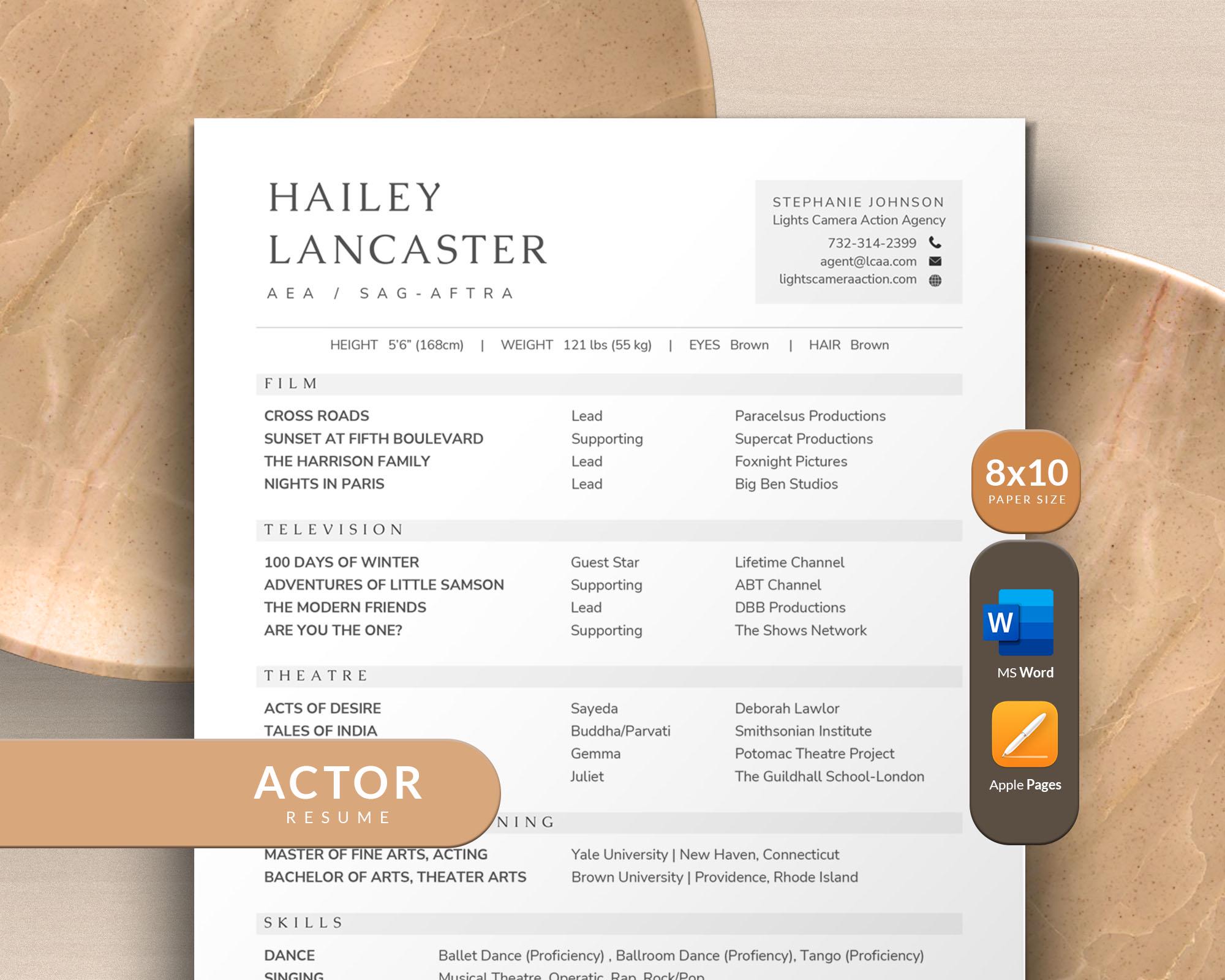 Actor Resume Template With Headshot and Cover Letter 8x10 Size, Theatre ...